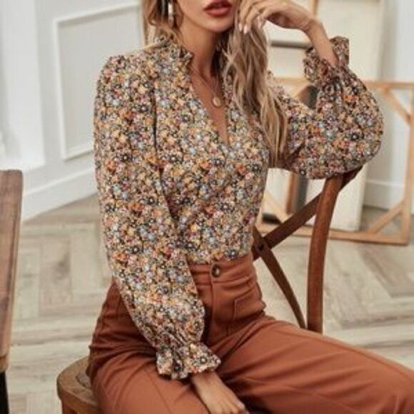 Boho Blue Pink Floral Ruffle Puff Sleeve Top - Picture 2 of 12